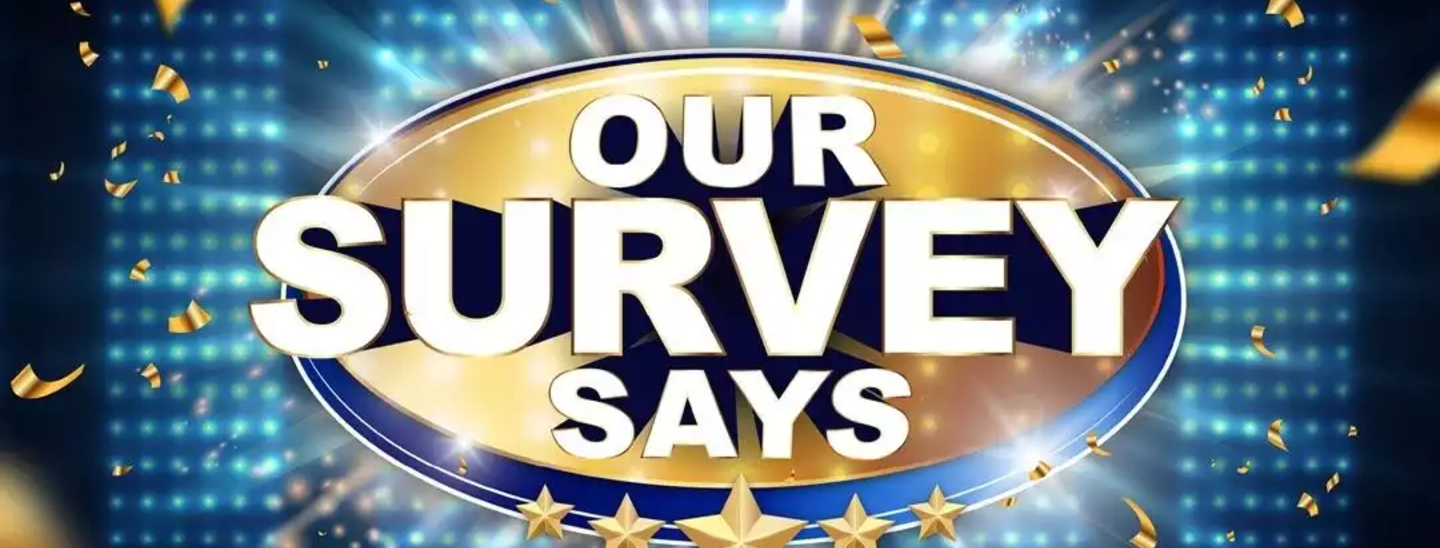 Bright and festive image with 'Our Survey Says' in bold lettering, surrounded by sparkling lights and confetti. Perfect representation for engaging team-building events tailored for HR professionals.