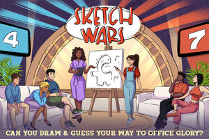 Illustration of a dynamic team-building activity called Sketch Wars, showing people gathered around a drawing easel in a game show setting. The group is engaged in fun and collaborative sketching, fostering creativity and team spirit. Suitable for HR professionals looking to book interactive and engaging events to enhance team cohesion.
