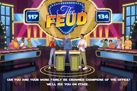 Illustration of a vibrant game show set titled The Feud, featuring two enthusiastic teams and a host. It's an engaging environment for teambuilding activities, perfect for HR professionals seeking interactive and fun events. Bright lights and cheering participants create a lively and competitive atmosphere.